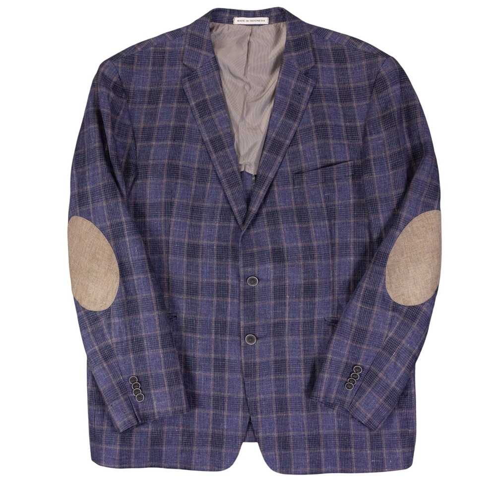 Joseph Abboud Blazer Mens 48R Blue Windowpane 100% Linen Elbow Patch Slim Fit